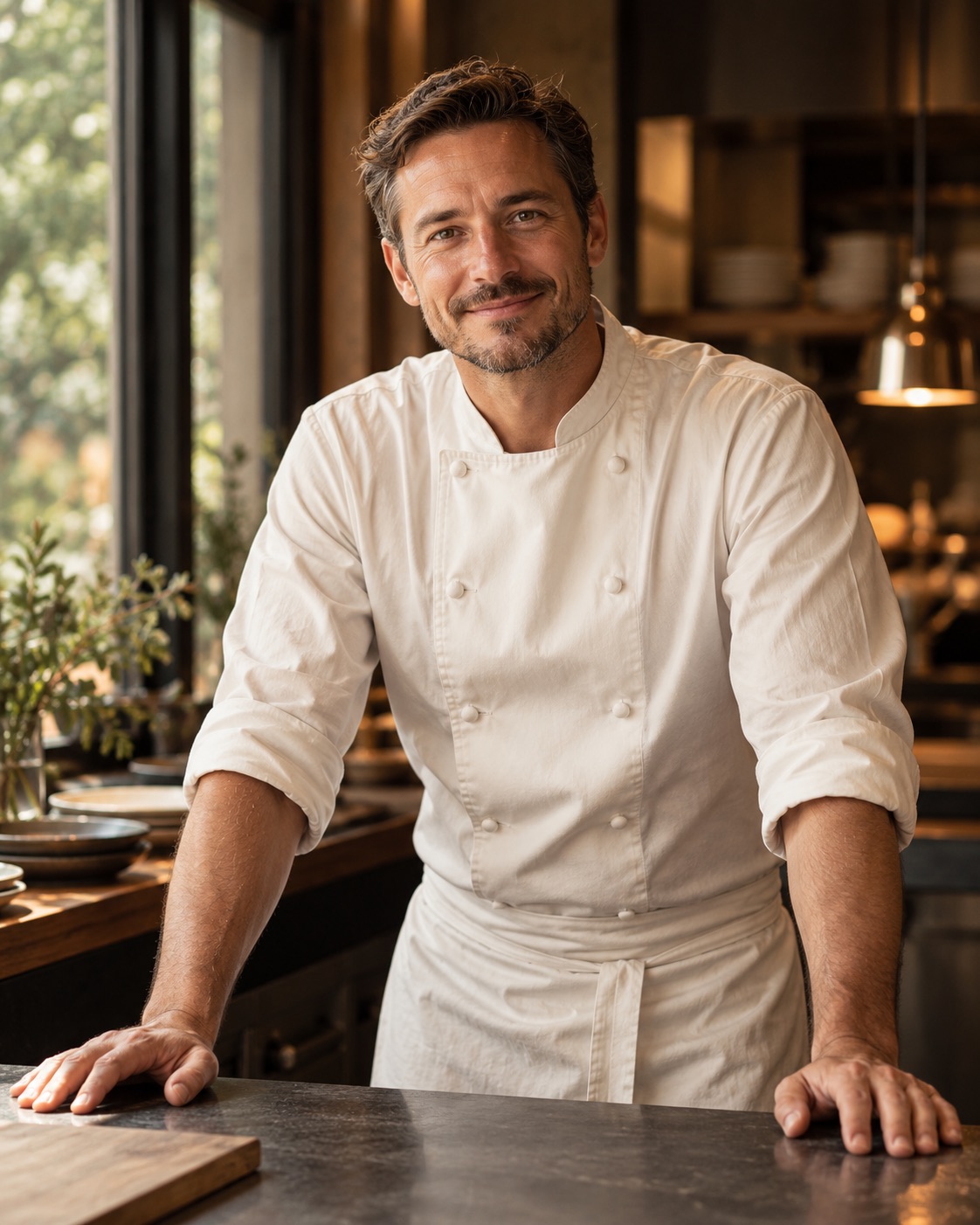 Portrait of a smiling chef in a white jacket, leaning on a stone counter in a warm, window-lit kitchen