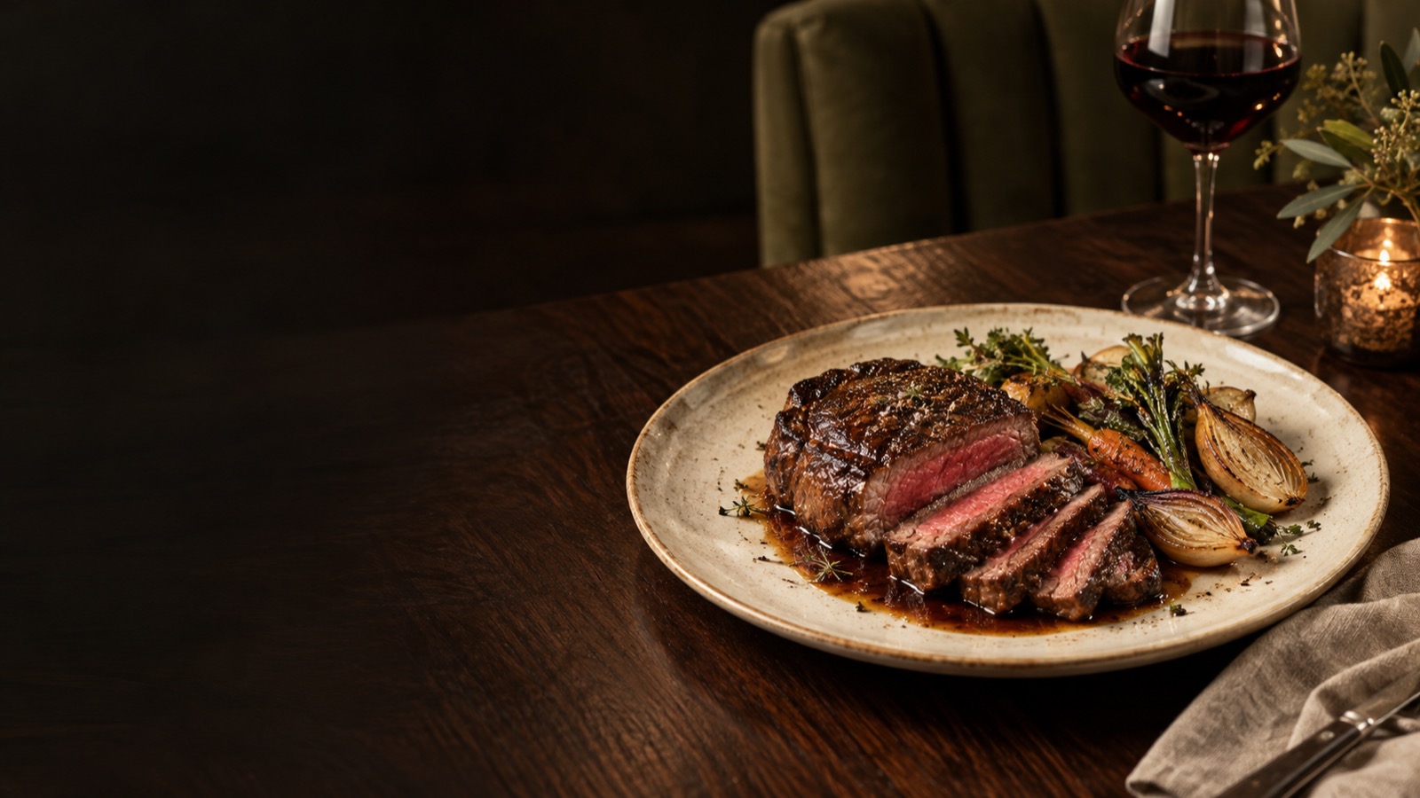 Sliced chargrilled ribeye with roasted onions, beside a glass of red wine
