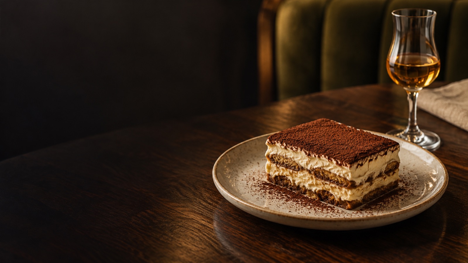 Tiramisu dusted with cocoa, beside a small glass of dessert wine